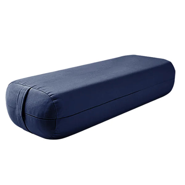 Navy blue supportive yoga pillow with dual-purpose design for neck and lumbar support during practice.