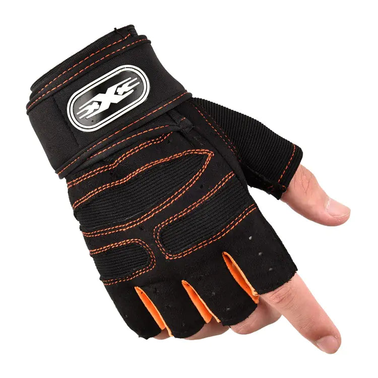Orange gym gloves with a padded grip and wrist strap for home workouts.