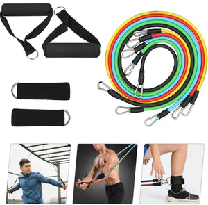 Resistance bands and handles with usage examples on a white background.