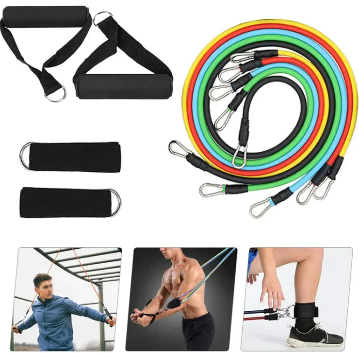 Resistance bands and handles with usage examples on a white background.