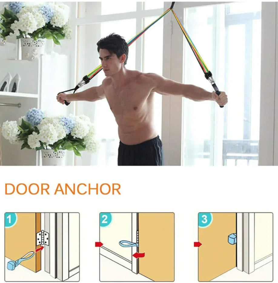 Man using resistance bands with a door anchor in a home setting.