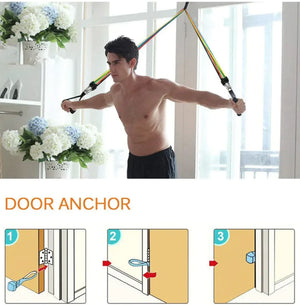 Man using resistance bands with a door anchor in a home setting.
