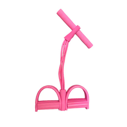 Pink elastic pull rope exerciser with foam handles for full-body resistance training at home.