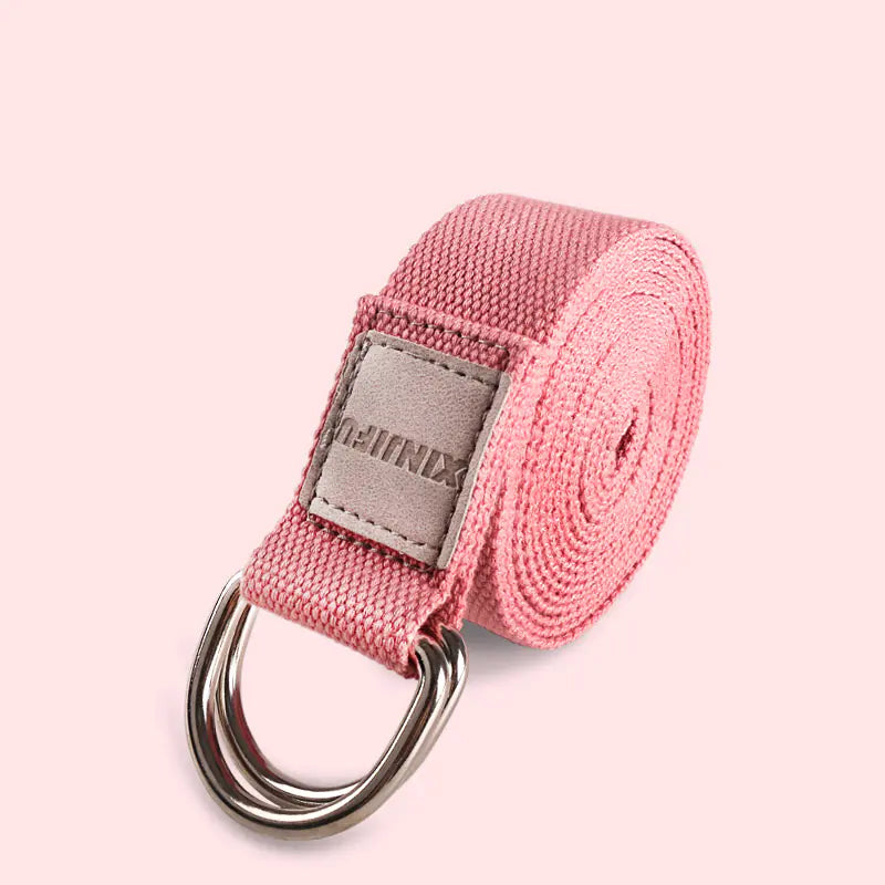 Pink elastic stretch strap for back support and flexibility training with multiple grip loops.