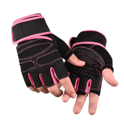 Pink gym gloves with a padded grip and wrist strap for home workouts.