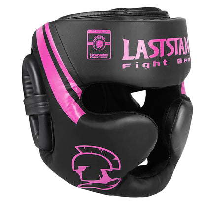 Pink protective boxing helmet with multi-layer padding prioritizing safety and injury prevention during combat sports training.