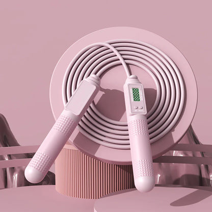 Adjustable length feature on a pink smart jump rope for customized fit to any height.