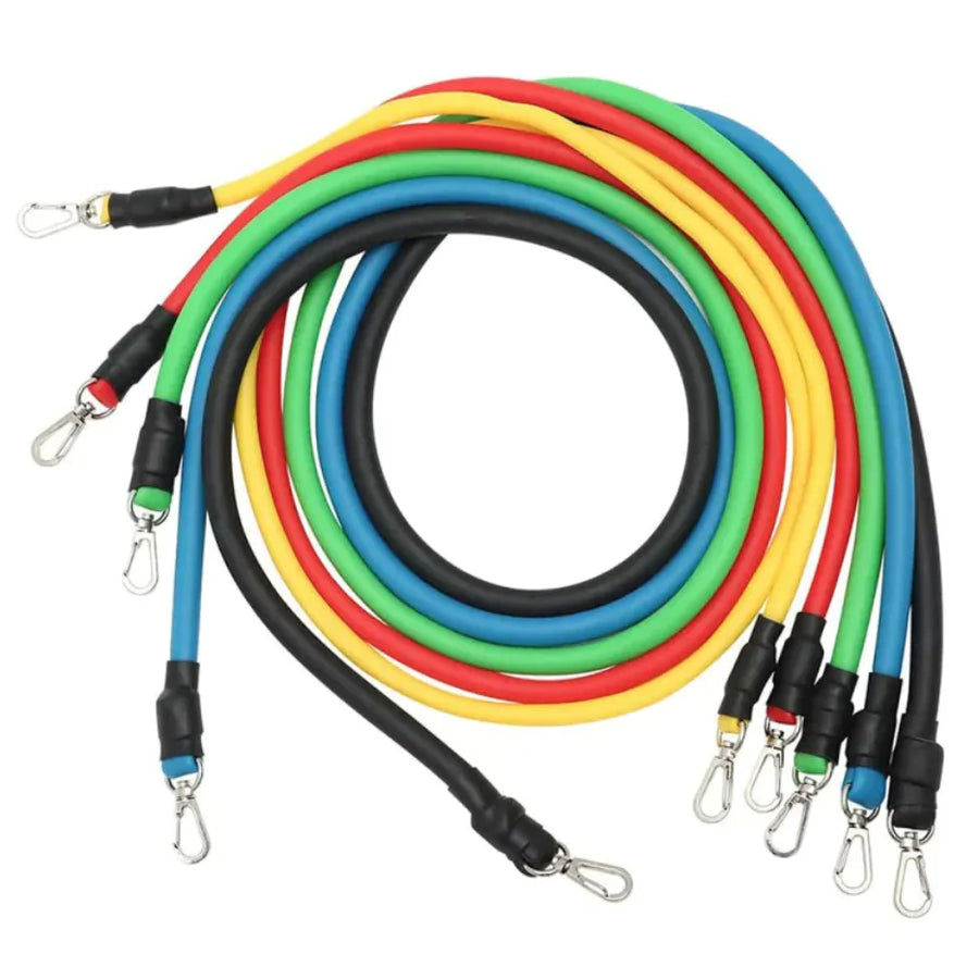 Set of colorful resistance bands with metal hooks on a white background