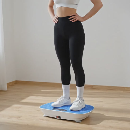 Woman on Vibration Plate for Low-Impact Home Workouts.