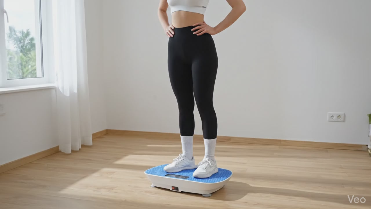 Woman on Vibration Plate for Low-Impact Home Workouts.
