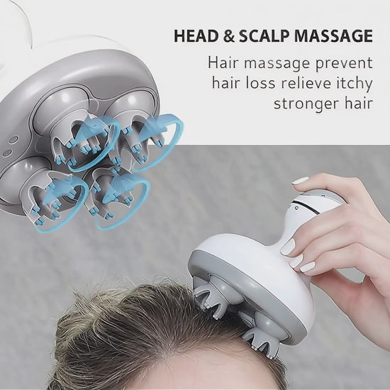 This electric scalp and upper body massager is designed to provide steady, consistent pressure using rotating massage nodes. The soft silicone massage heads are shaped for comfortable contact during regular at-home use.