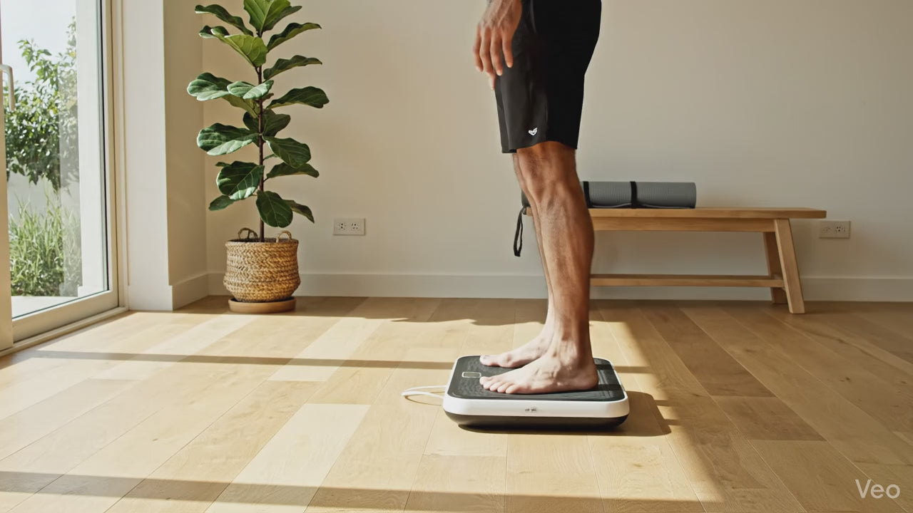 Man on Vibration Plate for Low-Impact Home Workouts.