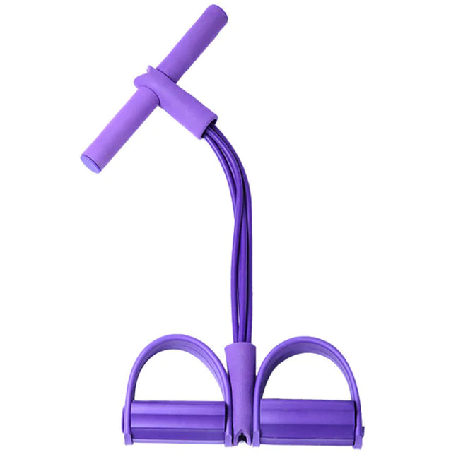 Purple elastic pull rope exerciser with foam handles for full-body resistance training at home.