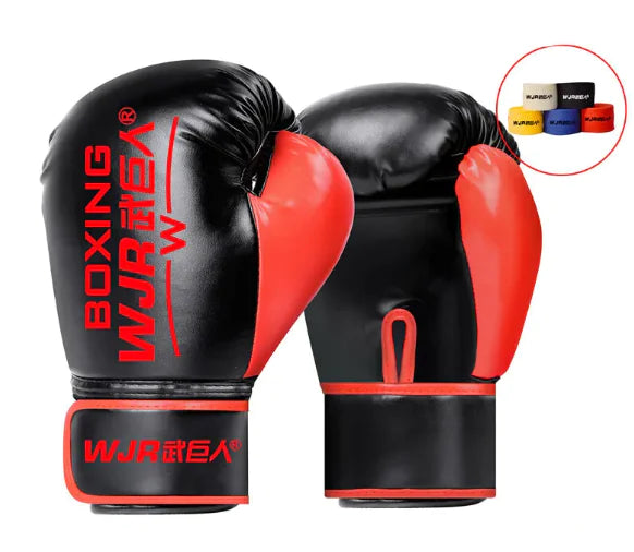 Red black professional boxing gloves for Sanda, Muay Thai, and combat training with multi-layer padding.