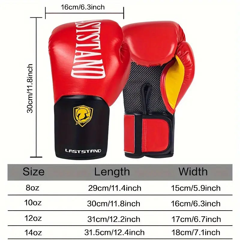 Red boxing gloves with measurement details and size chart on a white background.