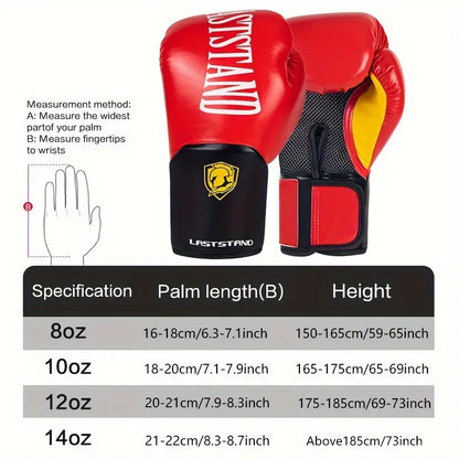 Red boxing gloves with measurement chart on a white background.