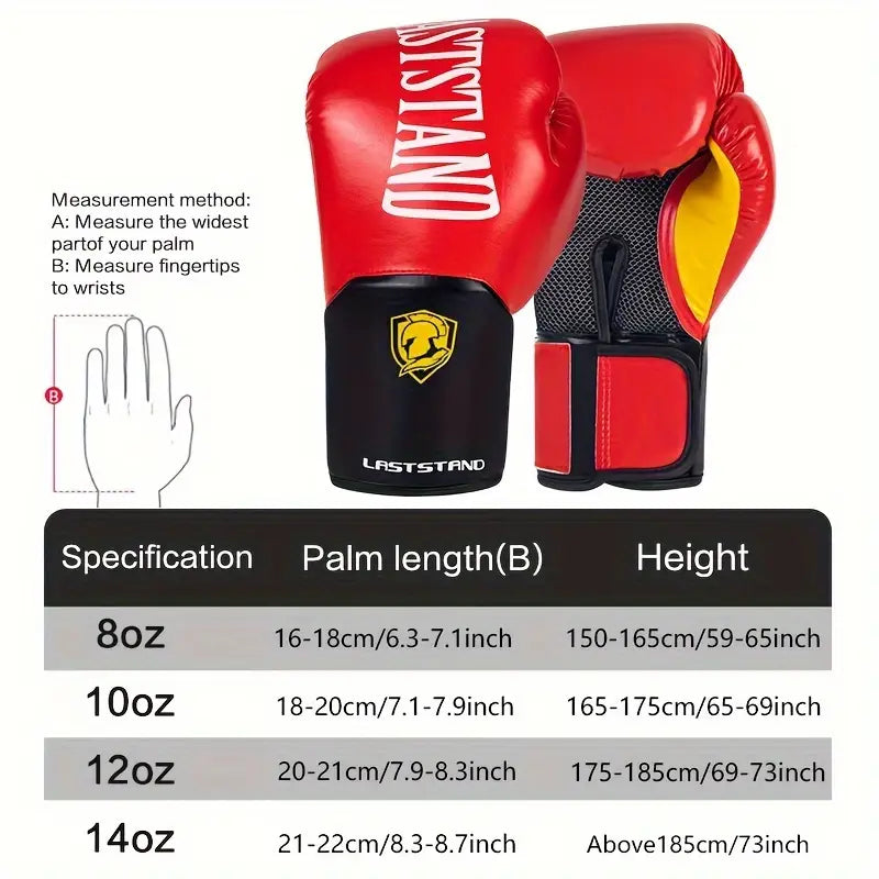 Red boxing gloves with measurement chart on a white background.