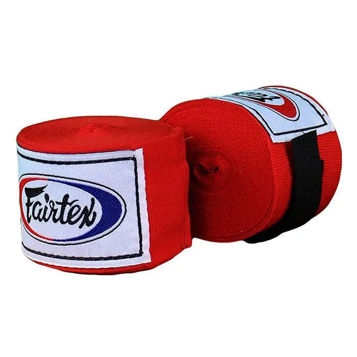 Red boxing hand wraps (9.8ft, pair) for Muay Thai and combat sports hand protection.