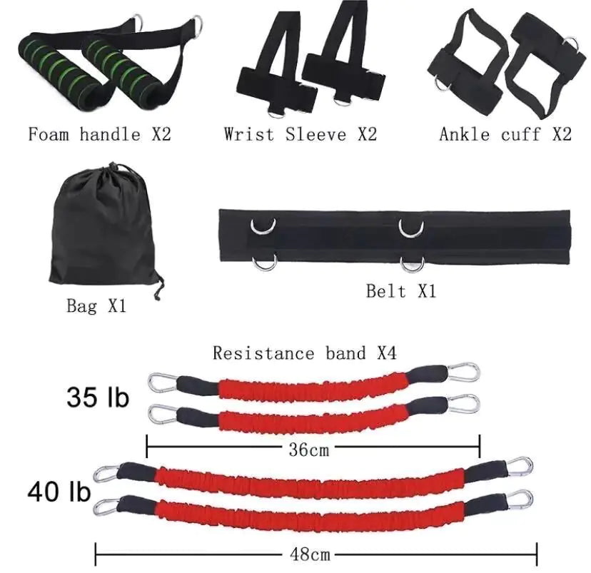 Close-up of red boxing arm and leg jump training set with resistance bands.