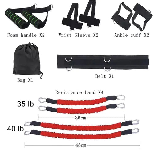 Close-up of red boxing arm and leg jump training set with resistance bands.