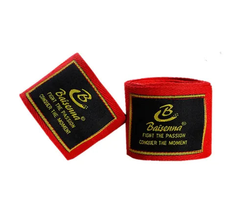 Red elastic boxing hand wrap pair for Muay Thai, Sanda, and martial arts hand protection.