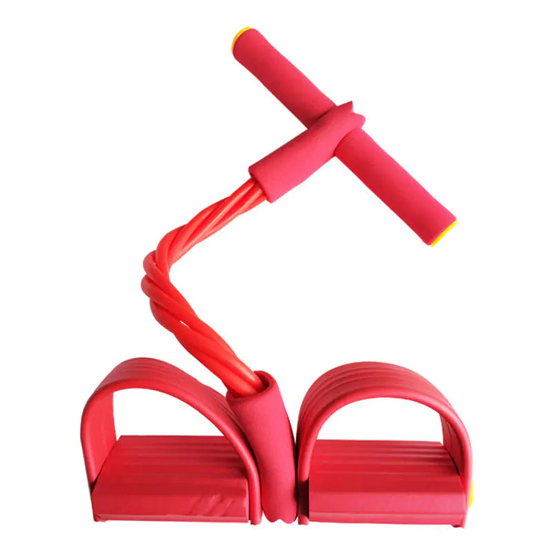 Red elastic pull rope exerciser with foam handles for full-body resistance training at home.