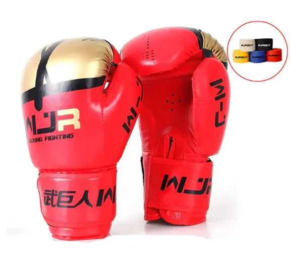 Red gold professional boxing gloves for Sanda, Muay Thai, and combat training with multi-layer padding.