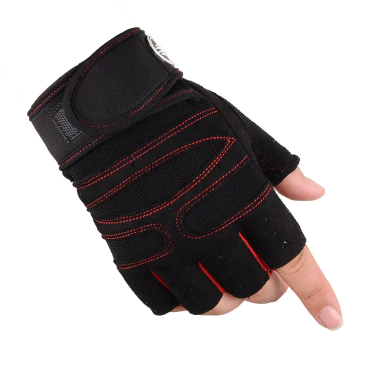 Red gym gloves with a padded grip and wrist strap for home workouts.