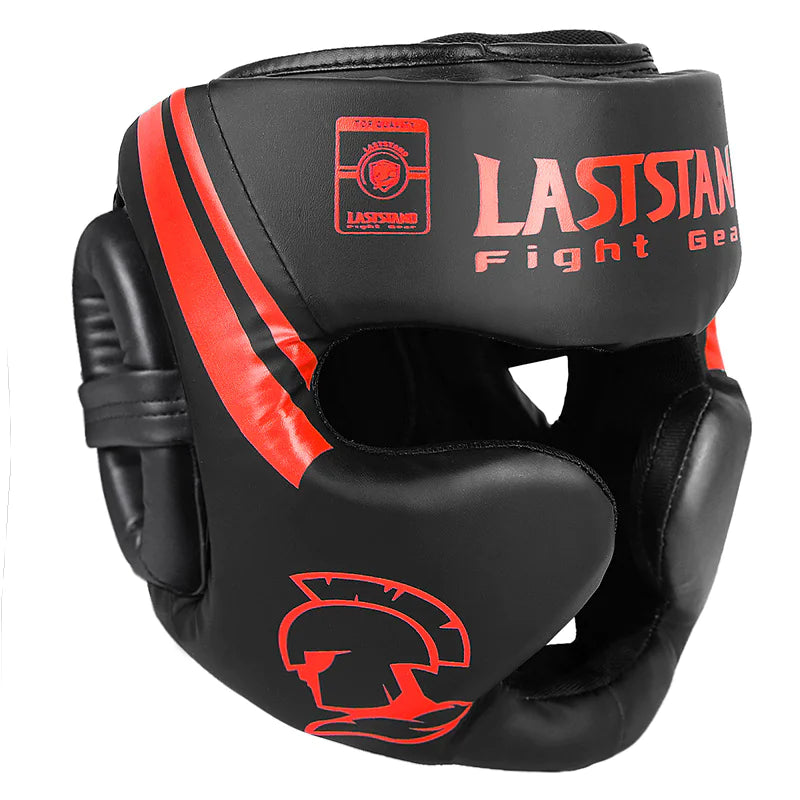 Red protective boxing helmet with multi-layer padding prioritizing safety and injury prevention during combat sports training.