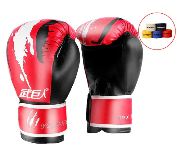 Red scratch professional boxing gloves for Sanda, Muay Thai, and combat training with multi-layer padding.