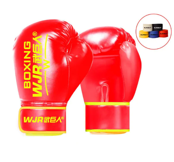 Red yellow professional boxing gloves for Sanda, Muay Thai, and combat training with multi-layer padding.