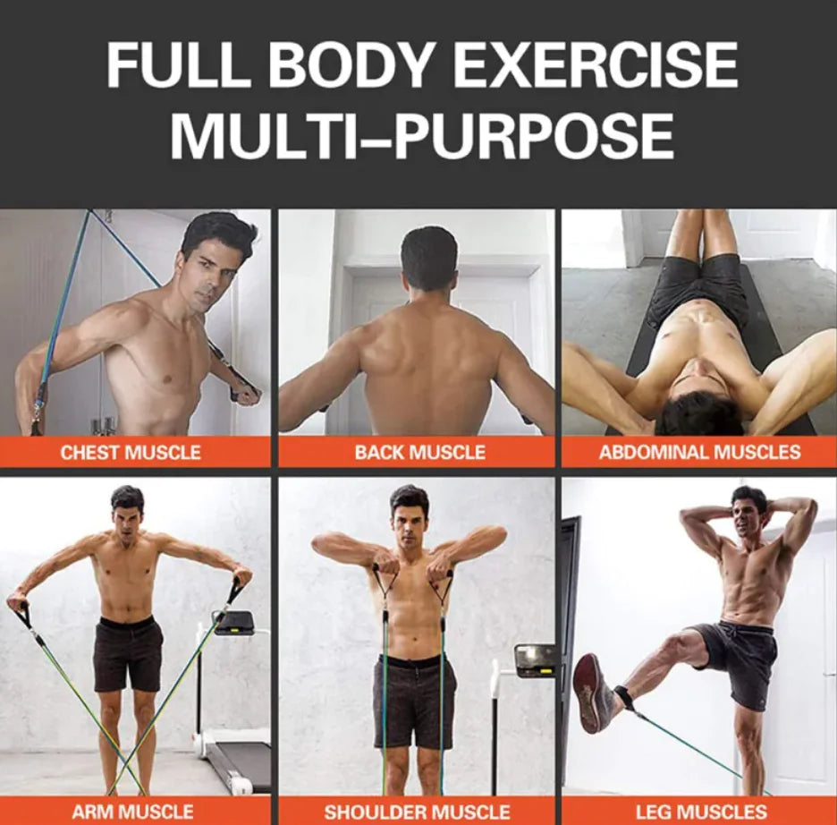 Man demonstrating full body exercise routine with resistance bands with text indicating muscle groups.