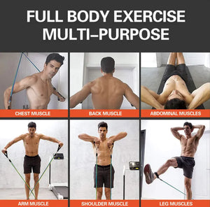 Man demonstrating full body exercise routine with resistance bands with text indicating muscle groups.