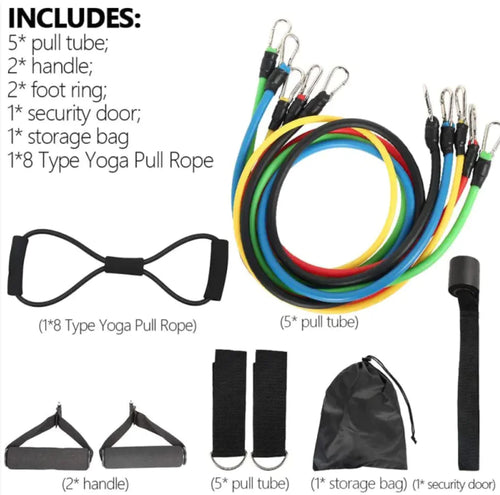Complete 17-piece resistance band set showing all components including multiple resistance levels and accessories.
