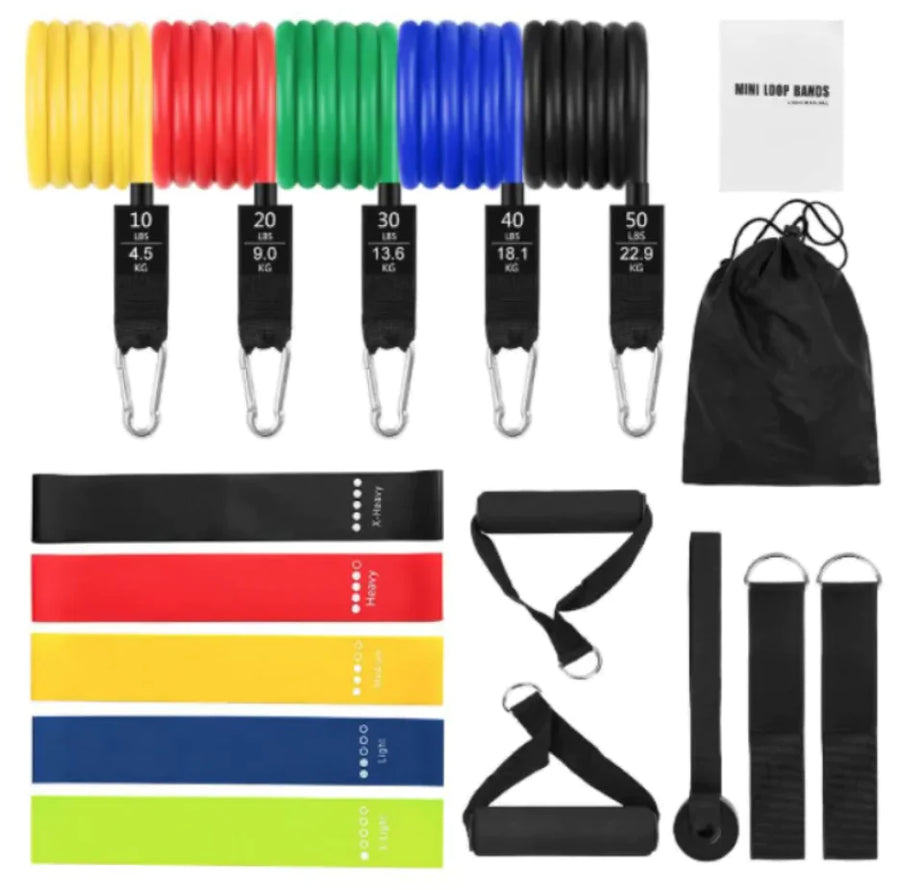 Set of resistance bands in various colors with carrying bag on white background.