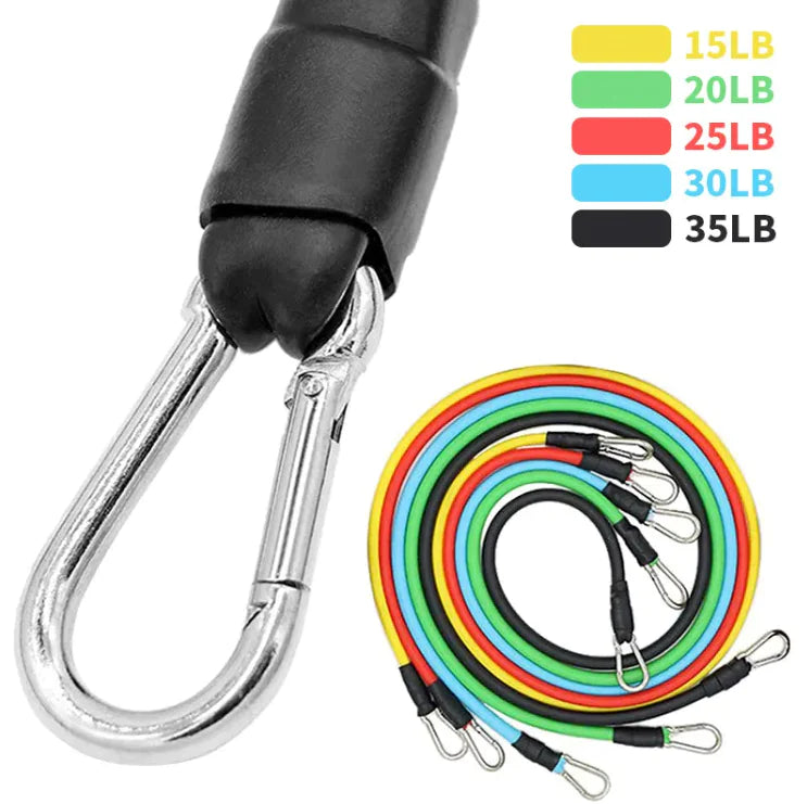 Resistance band set with carabiner and weight indicators on a white background.