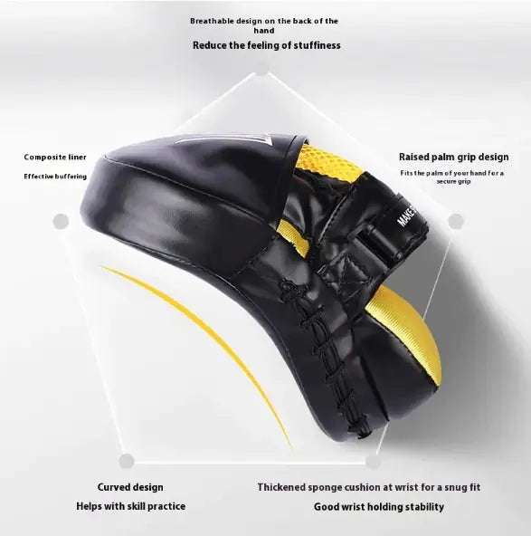 Black and yellow Sanda baffle boxing target with feature labels on a gray background
