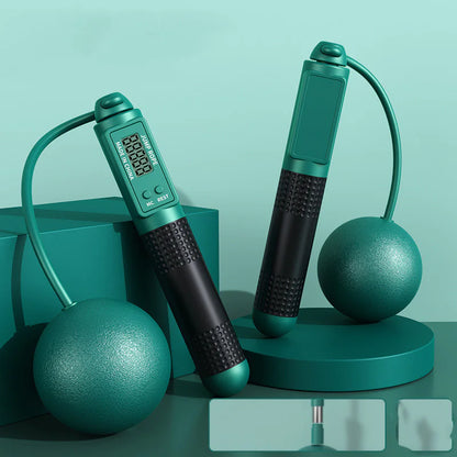 Smart jump rope with big dark green balls and digital display on a light blue background.