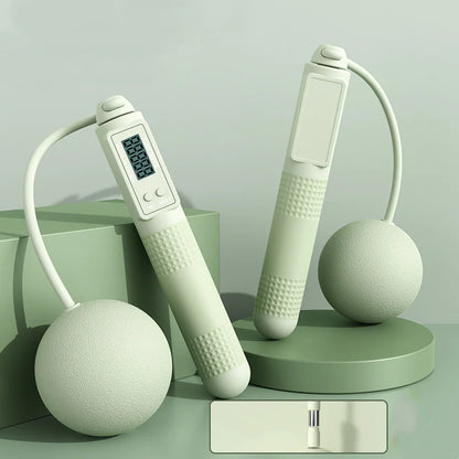 Smart jump rope with big green balls and digital display on a light blue background.