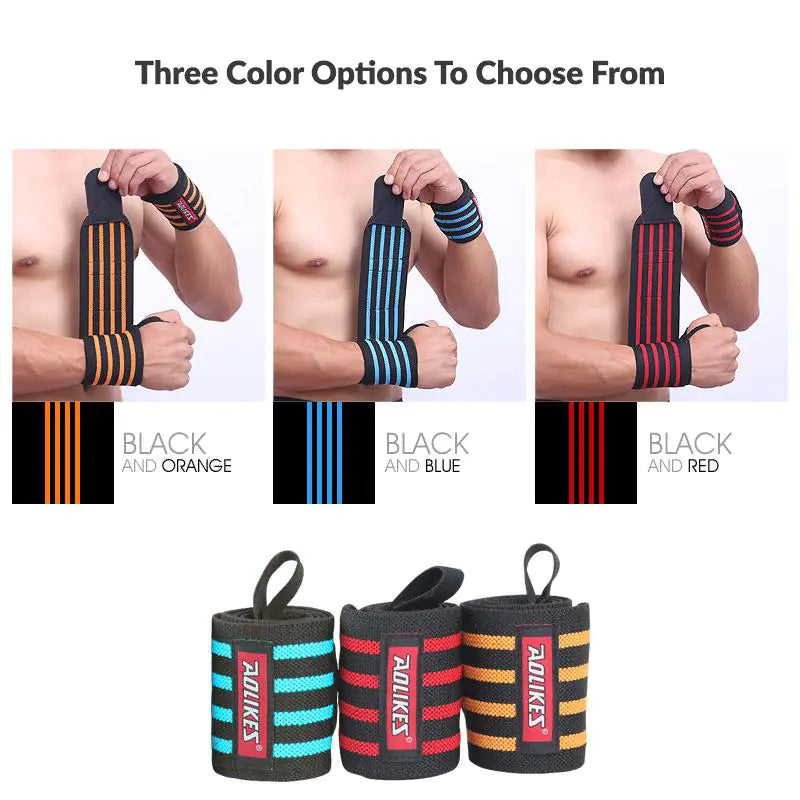 Supportive wrist wraps in three different colors are displayed on a white background.