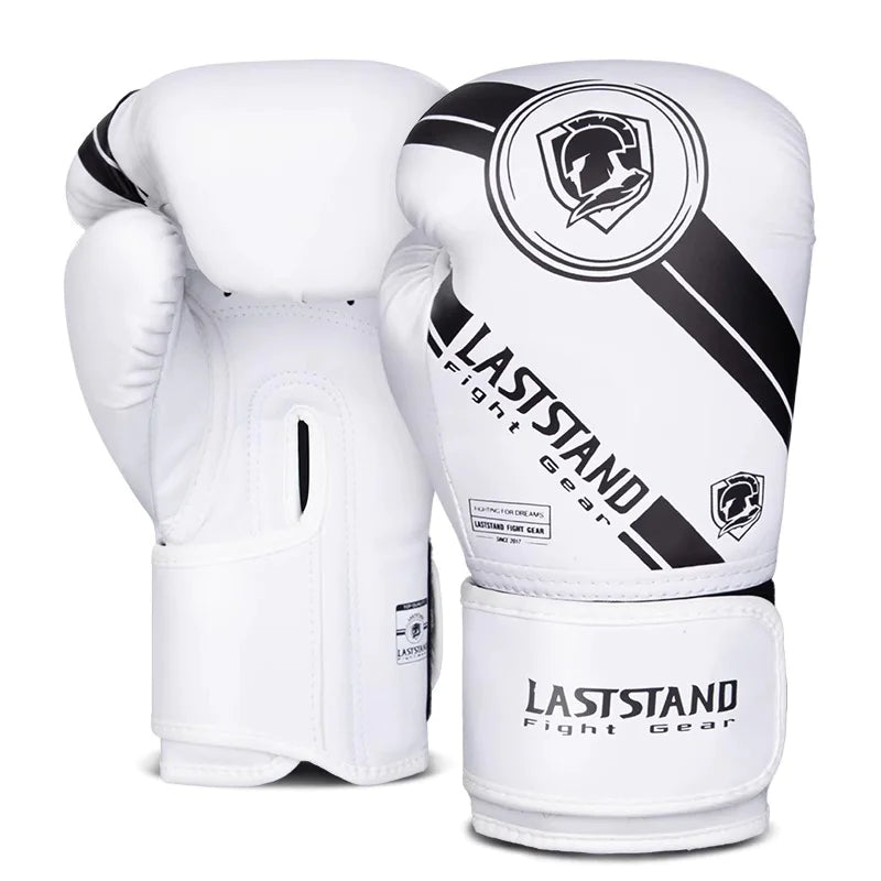 White and black unisex professional boxing gloves for training and bag work with multi-layer padding protection.
