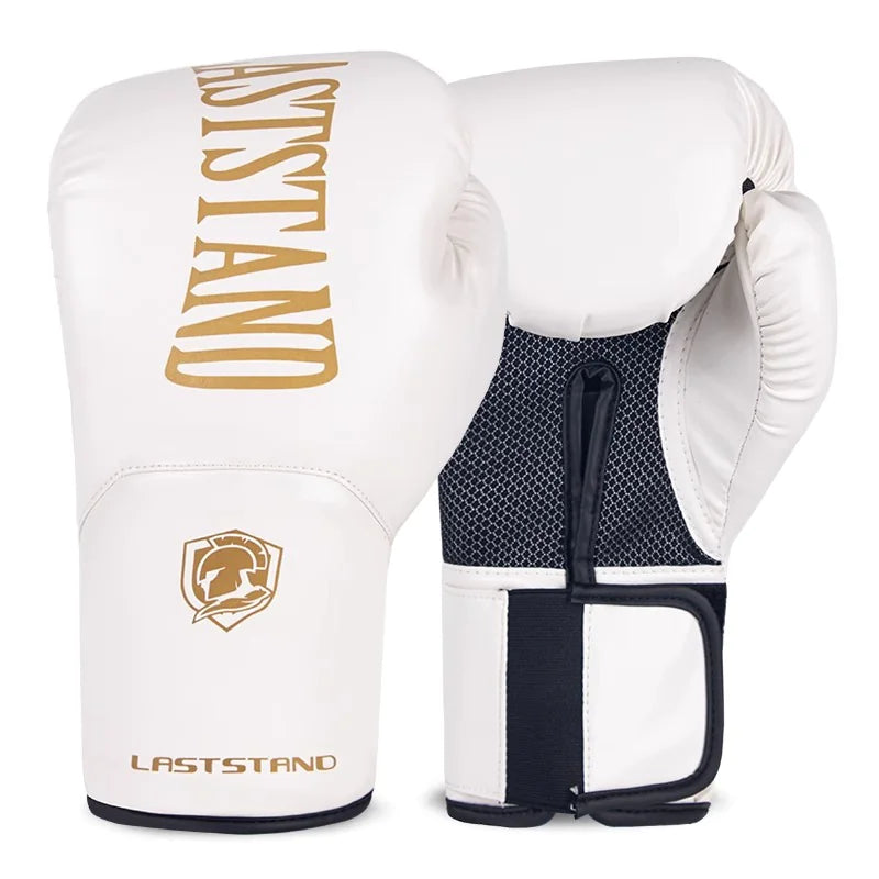 White boxing gloves (8oz-14oz) for training, sparring, and combat sports with multi-layer padding.