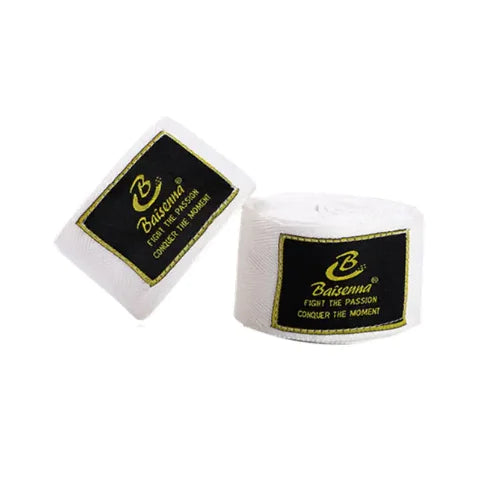 White elastic boxing hand wrap pair for Muay Thai, Sanda, and martial arts hand protection.