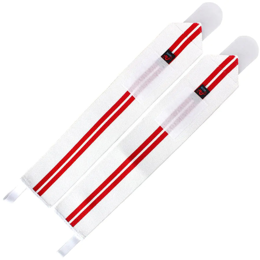 White red supportive wrist wraps with adjustable Velcro closure for weightlifting and fitness training.
