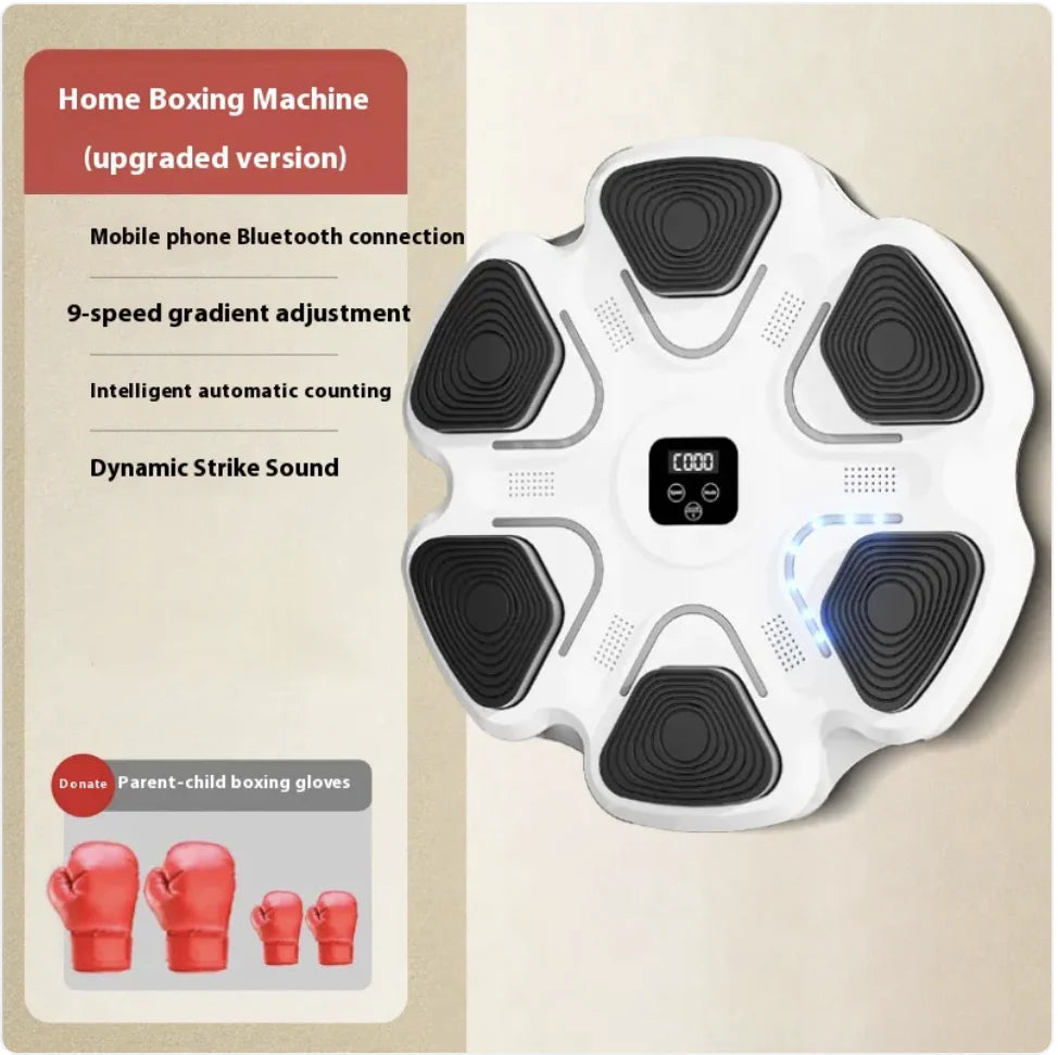 White smart boxing wall target with children and parent gloves for reaction training and home fitness workouts.