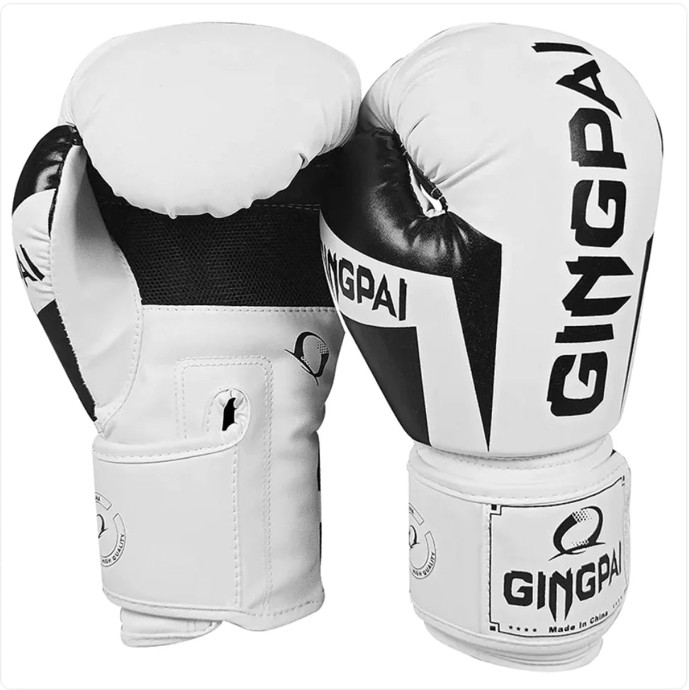 White training boxing gloves (6oz-12oz) lightweight design for fitness and bag work cardio training.