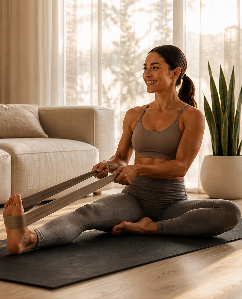A woman performing stretching using a stretchable item in the living room.