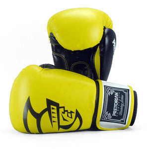 Yellow black professional boxing gloves (10oz-16oz) for training, sparring, and combat sports competition.