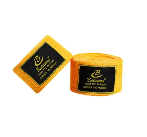 Yellow elastic boxing hand wrap pair for Muay Thai, Sanda, and martial arts hand protection.